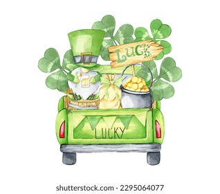 Watercolor st Patrick's day illustration with truck, gnome, pot of gold, shamrock, clover, horseshoe isolated on white background. Funny hand drawn illustration for holiday cards, invitations. - Powered by Shutterstock