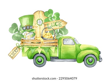 Watercolor st Patrick's day illustration with truck, gnome, pot of gold, shamrock, clover, horseshoe isolated on white background. Funny hand drawn illustration for holiday cards, invitations. - Powered by Shutterstock