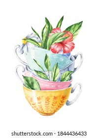 Watercolor stack tea cups and green leaves  camomile   hibiscus flowers white background  Watercolour food illustration 	