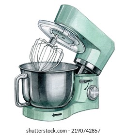 Watercolor Stand Food Mixer, Kitchen Turquoise Color Mixer, Making Mixer, Electric Vintage Style Food Mixer, Food Processor, Kitchen Gadget, Realistic Illustration Isolated On White Background