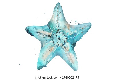 Watercolor Starfish With Splashing Water. Aquamarine Watercolour Illustration On White.