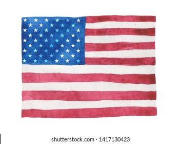 Watercolor Stars And Stripes USA Flag On A White Background. For Patriotic Design Compositions For Independence Day Or Flag Day