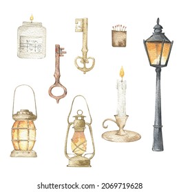 Watercolor steet light clipart. Hand drawn illustration with keys, lanterns, candle. Isolated on white background. Best for wrapping paper, textile, card logo, wedding invitation, postcard, wallpaper.