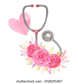 Watercolor stethoscope floral arrangement red heart on white background. Sublimation design Nurse's life