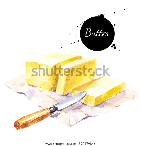 バターとナイフの水彩画 白い背景にエコナチュラルフードイラスト のイラスト素材