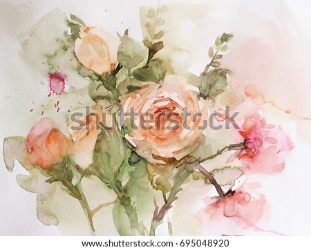Watercolor still life, landscape. Be used for design books, album, postcards, invitations. The picturesque scenery quality of the image. Interior painting of a bedroom, bathroom, nursery,kitchen