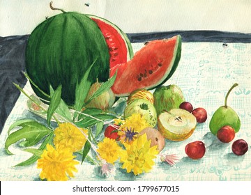 Watercolor still life and ripe watermelon  fruits   yellow flowers