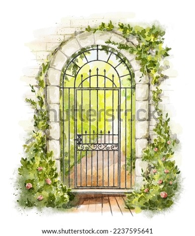Watercolor stone arch with vintage forged gates in blooming summer garden isolated on white background. Hand drawn illustration sketch