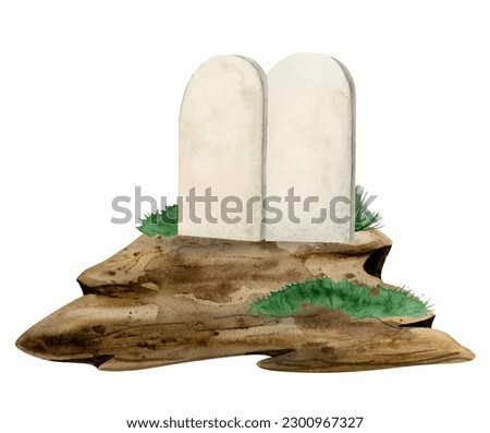 Watercolor stone tablets of Ten Commandments on Mount Sinai with copy space for text. Shavuot greeting template for card or social media post. Torah Bible story illustration Foto d'archivio © 
