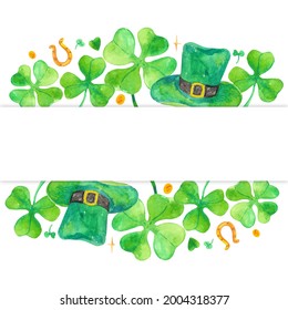 Watercolor St.Patrick's Day Greeting Card With Leprechaun Hat, Clovers And Horseshoe.