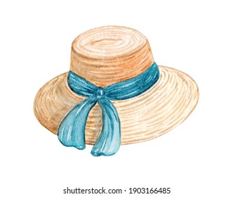 watercolor straw summer hat isolated on white background. Woman yellow cap with blue ribbon for beach vacation