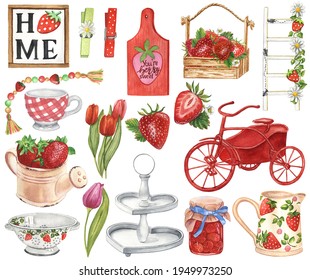Watercolor Strawberry Decor. Tiered Tray Decoration. Red Berries Set. Planner elements. Kitchen decor in farmhouse style. Strawberry Clipart.