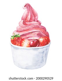 Watercolor Strawberry Frozen Yoghurt In Cup On White Background. Watercolour Froyo Food Illustration.	