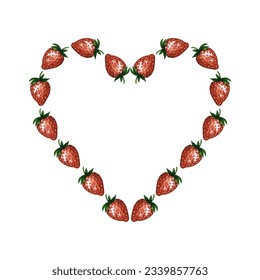 Watercolor strawberry wreath  heart frame and ripe   juicy berries isolated white  Hand drawn watercolor illustration  Ideal template for logo  banner  greeting card  invitation menu design 
