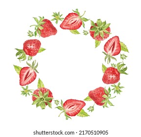 Watercolor Strawberry Wreath, Summer Round Frame With Berries