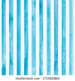 Watercolor Stripe Plaid Seamless Pattern. Color Teal Blue Stripes On White Background. Watercolour Hand Drawn Striped Texture. Print For Cloth Design, Textile, Fabric, Wallpaper, Wrapping, Tile.