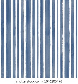 Watercolor striped blue seamless pattern texture background. Watercolour hand drawn stripe textured irregular abstract modern trendy illustration. Print for wrapping, textile, fabric, wallpaper.