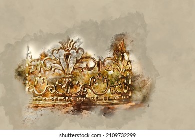 watercolor style   abstract image beautiful queen king crown  fantasy medieval period