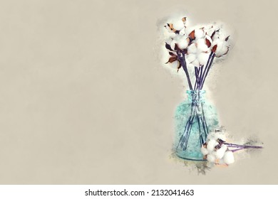 Watercolor Style And Abstract Image Of Cotton Plant Flower Branch In The Blue Vase