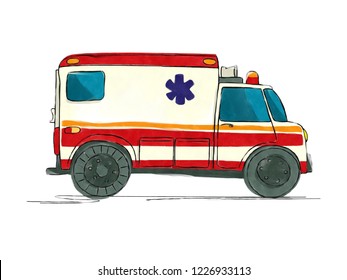 Watercolor Style Drawing Of An  Ambulance Over White