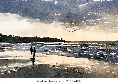 Watercolor Style Illustration Of Couple Strolling On Stormy Day At Beach..