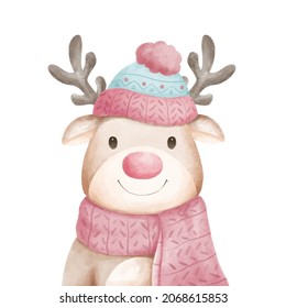 Watercolor style illustration cute Christmas reindeer wearing hat   scarf  Christmas illustration