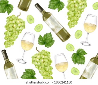 Watercolor style illustration of grape and white wine bottle and glass pattern