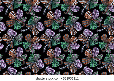 Watercolor style on a black background. Hibiscus floral pattern. Floral seamless pattern with hibiscus flowers. Design in neutral, orange and pink colors for invitation, wedding or greeting cards.