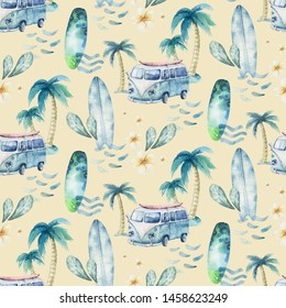 Watercolor style seamless surfing pattern of surf man and woman surfers silhouettes with wave background. Ocean surfing summer design - Powered by Shutterstock