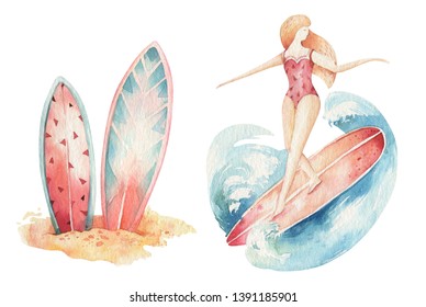 Watercolor Style Set Of Surf Man And Woman Surfers Silhouettes With Wave. Ocean Summer Wave Design Isolated On White Background.