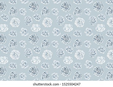 Watercolor Succulent Pattern On Bluebackground.  