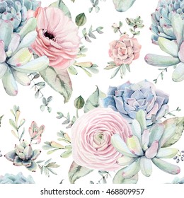 Watercolor succulents seamless pattern. Seamless texture with objects: plants, succulent, roses. Hand painted vintage gardening background.