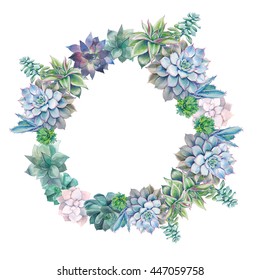Watercolor succulents wreath. Hand drawn round floral frame with green plants isolated on white background. Botanical illustration card design