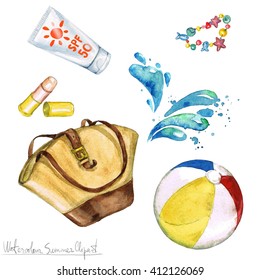 Watercolor Summer Clipart - Bag, Sunscreen, Beach Ball.