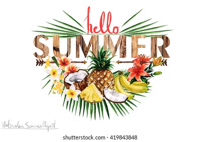 Watercolor Summer Clipart Hello Summer Stock Illustration 419843848 ...