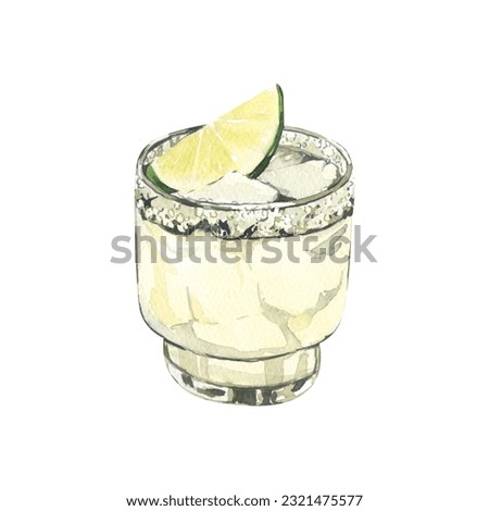 Watercolor summer cocktail spicy lime margarita in a short glass. Hand-drawn illustration isolated on white background. Perfect for recipe lists with drinks, brochures for cafe Imagine de stoc © 
