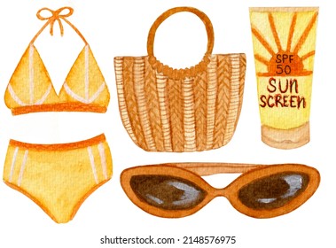 Watercolor Summer Collection, Elements For Beach, Straw Bag, Spf Cream, Sunglasses, Woman Swimsuit Isolated On White Background.