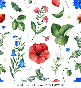 Watercolor Summer collection and leaves bellflower poppy cornflower berry branches  Seamless background wildflowers Perfect for wallpapers print cover design invitations textile papers