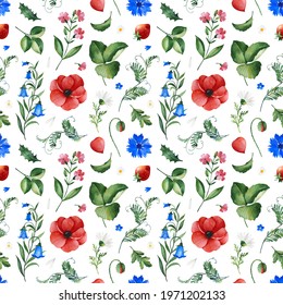 Watercolor Summer collection and leaves bellflower poppy cornflower berry branches  Seamless background wildflowers Perfect for wallpapers print cover design invitations textile papers