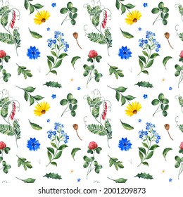 Watercolor Summer collection and leaves daisies  clover flowers cornflower  branches  Seamless background wildflowers Perfect for wallpapers print cover design invitations textile papers