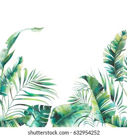 Watercolor summer floral frame. Hand drawn card design with exotic leaves and branches isolated on white background. Palm tree, banana leaves, mostera plants