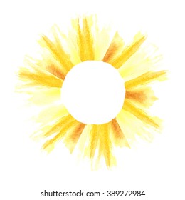 Watercolor summer frame. Sun background. Sun shape border. Decorative element. Copyspace