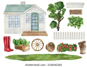 Watercolor Summer Gardening Scene Creator Elements.Cottage,Farm House Logo.Spring Landscape,Garden Tool, Greenhouse Decor,rusty Flower Pots,house,tree, Red Rubber,basket With Vegetables, Fence