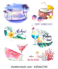 Watercolor Summer Labels Set. Hand Drawn Vacation Logo And Badges Illustrations Isolated On White Background. Travel, Holiday, Sea And Season Food Icons.