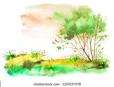 Watercolor Summer Landscape. Green Tree, Bush On A Bright Grass. On The Bank Of A River, A Lake. Windy Day. Beautiful Art Illustration.