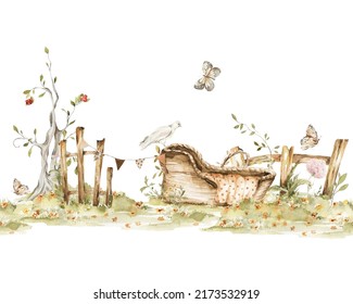 Watercolor Summer Landscape Seamless Border. Hand Painted Nursery Frame Of Summer Village, Garden, Tree, Cradle, Bird, Farmhouse. Isolated On White Background. Iillustration For Design, Print