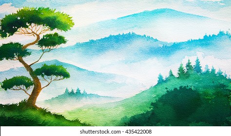 Watercolor Summer Landscape. Tree And Mountains.