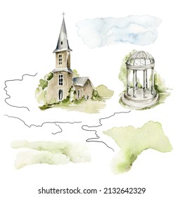 Watercolor summer landscapes. Hand painted green landmark, road, houses, tree, sky Village scene isolated on white background. illustration for wedding map, invitation, textile