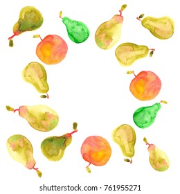 Watercolor summer painted pears frame. Space for text or lettering. Use for card decoration, cover, web design, invitation.