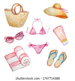 Watercolor Summer Set, Beach Bag, Panama, Sunglasses, Bikini, Beach Towel, Flip Flops, Sunscreen